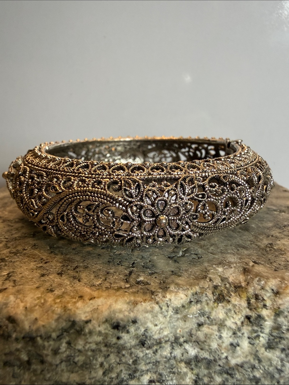 Ornate Silver Filigree Floral Bangle Clamper Bracelet